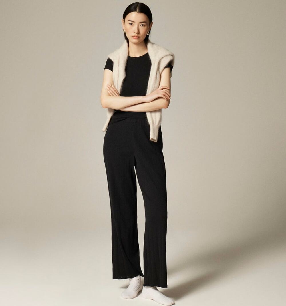 J.Crew Pointelle Pants WMNS XS Black Mid-Rise Drapey Wide Leg Elastic Waistband